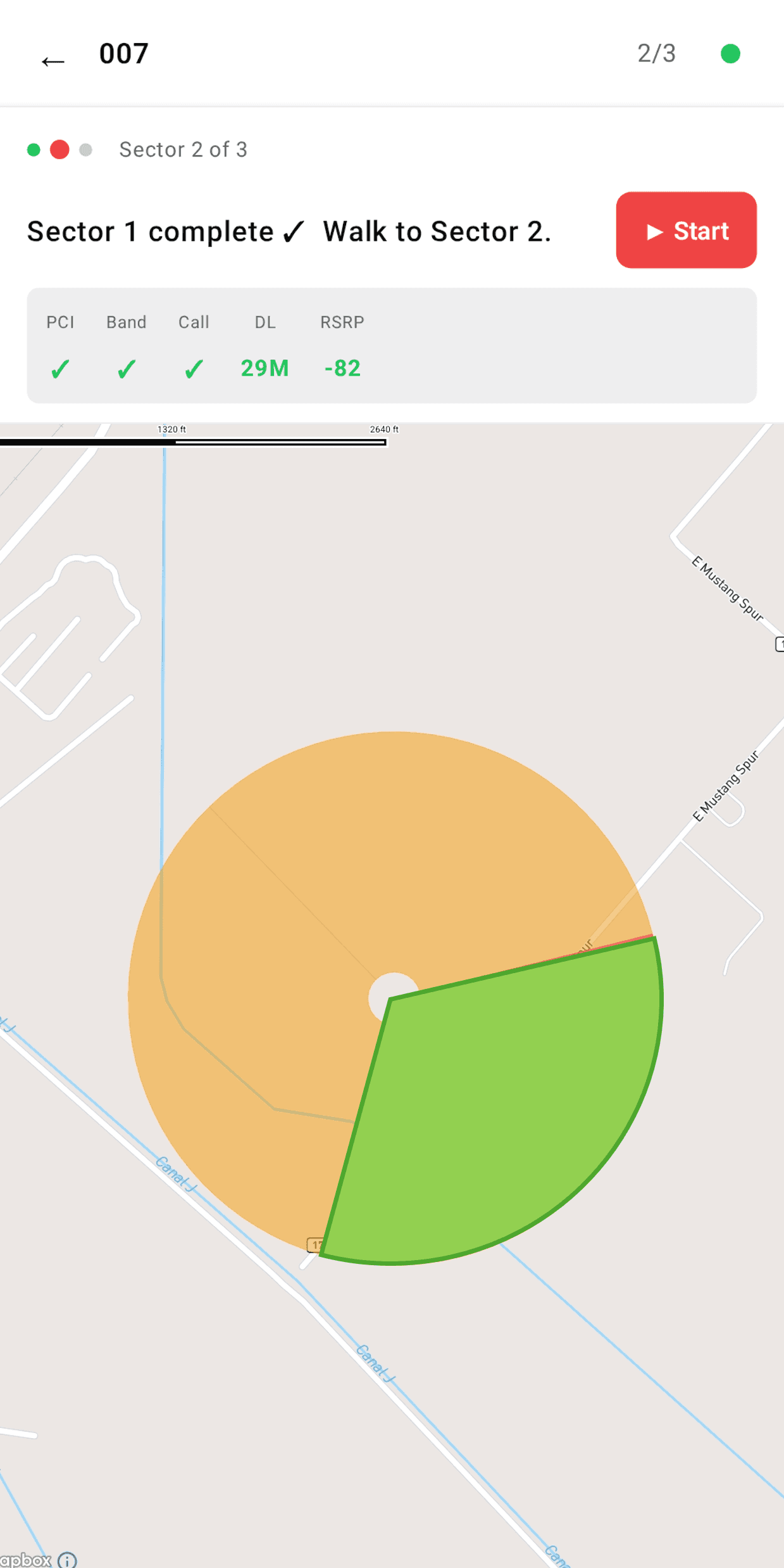 Call test app showing sector walk